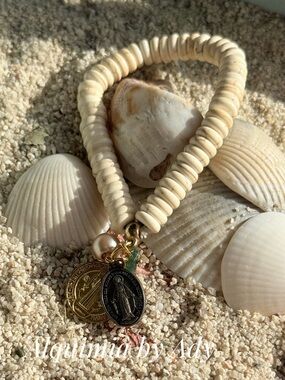 Summer neutral + cream turquoise baroque pearl and medals bracelet